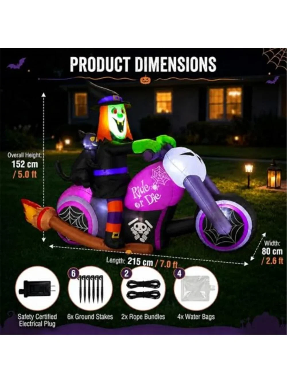 7FT Gaint Halloween Inflatables Witch on Motorcycle with Black Cat,Blow Up
